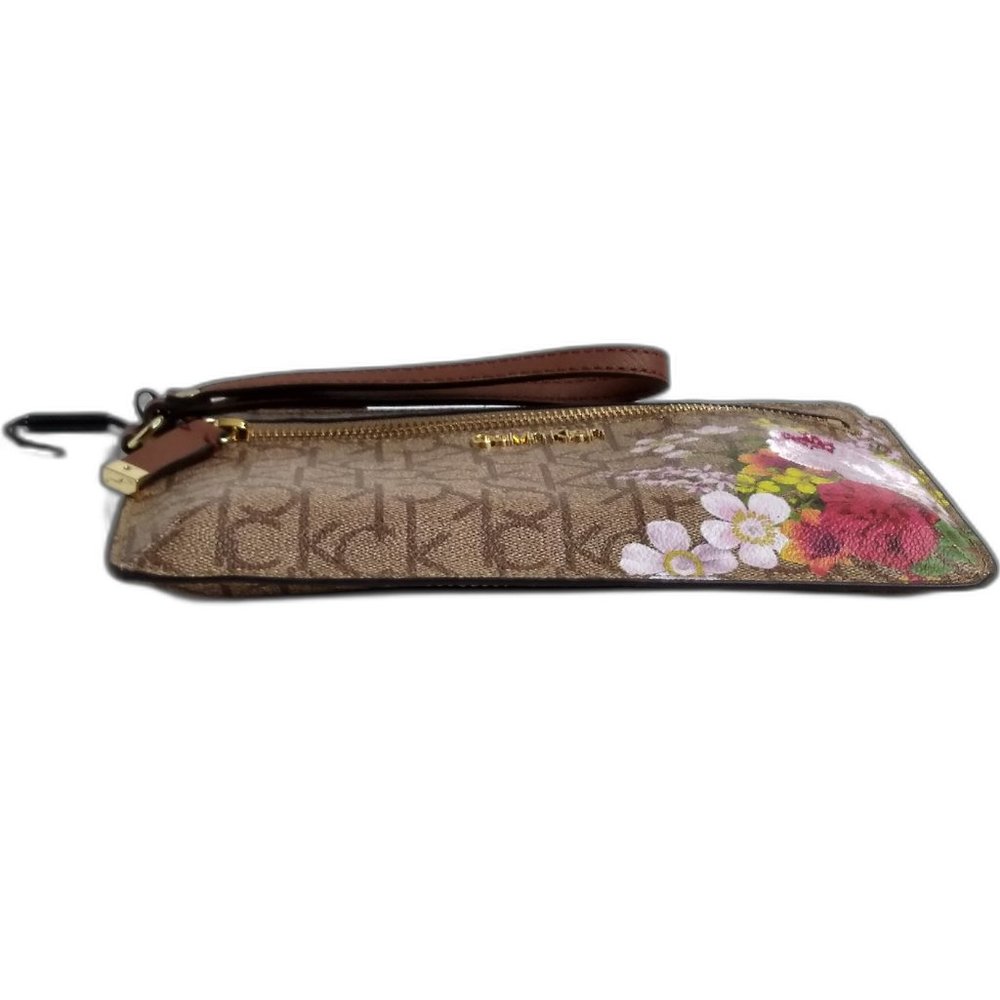 Calvin Klein Saffiano Wristlet - Brown/Pink Floral Zip Closure. - Picture 2 of 8